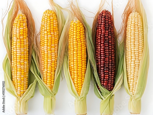 Realistic and detailed image of corn at various stages, isolated on white, highlighting the visual and textural differences between immature and mature corn. photo