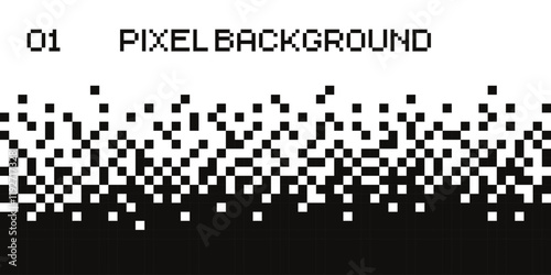 Minimalistic pixelated black and white background with a smooth gradient transition placed vertically. Illustration disintegrates or dissolves to the pixel. Vector illustration 