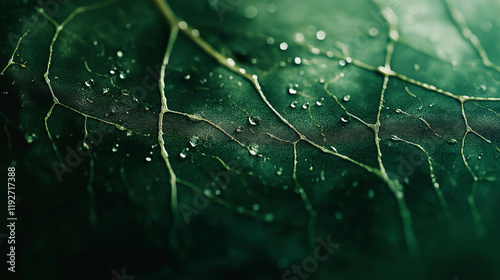 A delicate pattern of a green leaf, with raindrops sparkling in natural