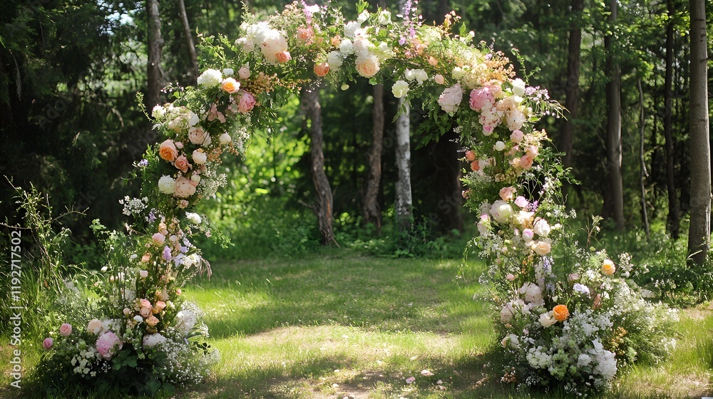 Fototapeta premium A beautifully crafted DIY floral arch at a garden party, surrounded by an assortment of fresh flowers and decorative elements. The arch creates a unique and personal atmosphere, emphasizing