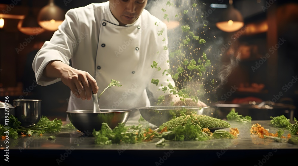 A professional chef carefully sprinkling fresh herbs over a bowl of bonsai soup in a high end commercial kitchen showcasing the precision and of modern culinary presentation A professional chef carefully sprinkling fresh herbs over a bowl of bonsai soup in a high end commercial kitchen showcasing the precision and of modern culinary presentation