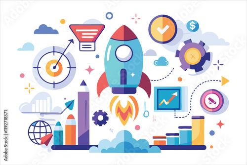 Startup Business Vector Concept in Flat Design. Rocket Launch Symbolizing Innovation and Success business ideas flat design vector