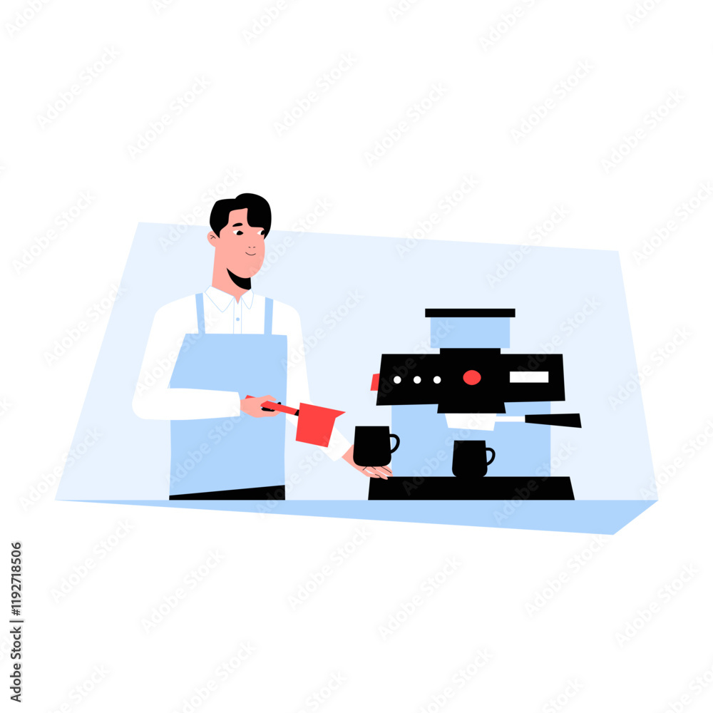 Male Barista With Coffee Machine In Flat Vector Illustration Symbolizing Coffee Preparation, Beverage Making, And Hospitality, Isolated On White Background. Male Barista With Coffee Machine In Flat Vector Illustration Symbolizing Coffee Preparation, Beverage Making, And Hospitality, Isolated On White Background.
