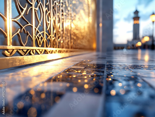 Ornate golden gate at mosque sunset; reflective tiles, blurred background;  perfect for travel, religion, architecture websites photo