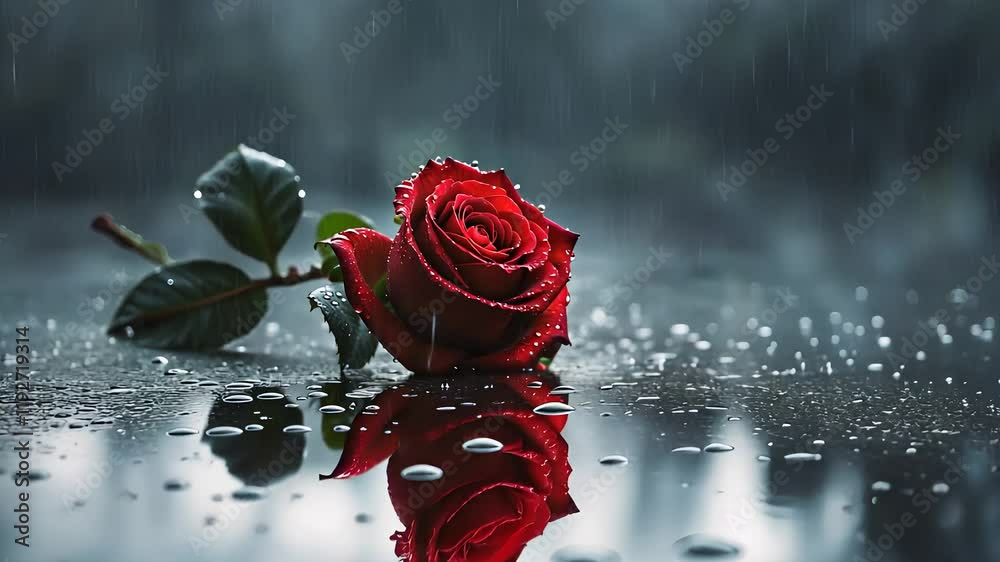 Single Red Rose on Wet Surface with Raindrops, Reflective Romantic Scene in Moody Natural Lighting

