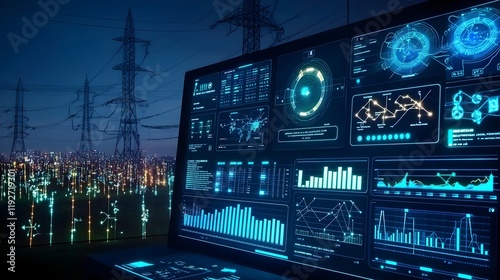 A futuristic dashboard displaying power consumption forecasts and peak energy demand predictions, with dynamic graphs and power grid status updates. 
