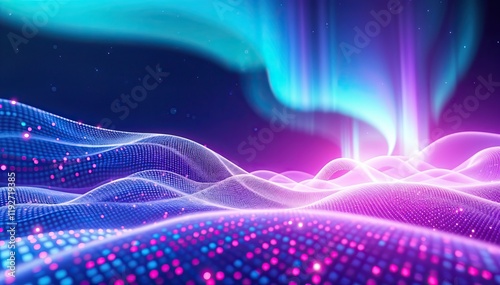 Futuristic abstract landscape with vibrant aurora borealis