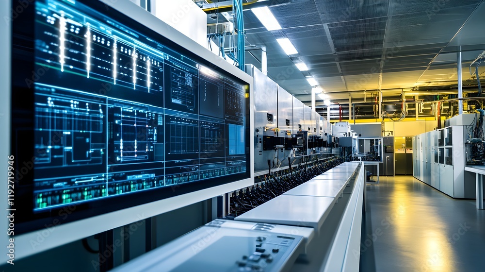 Fototapeta premium A sleek control room displaying a digital dashboard monitoring peak energy usage and backup power systems. Rows of high-capacity batteries and energy grids ensure uninterrupted power supply 