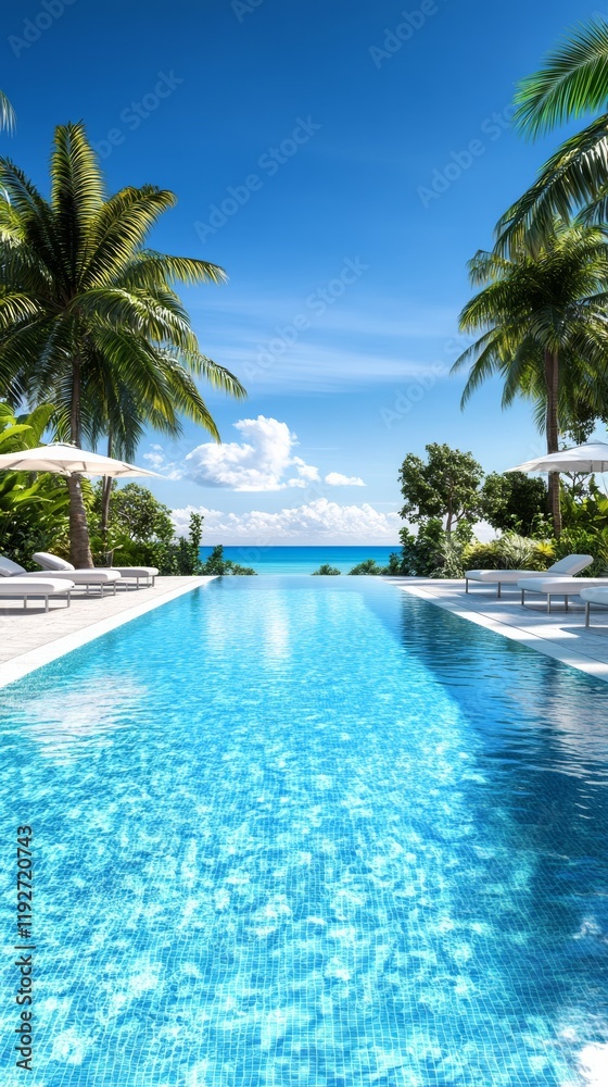Clear blue water in a modern pool with palm trees. A serene pool surrounded by lush tropical beauty Clear blue water in a modern pool with palm trees. A serene pool surrounded by lush tropical beauty