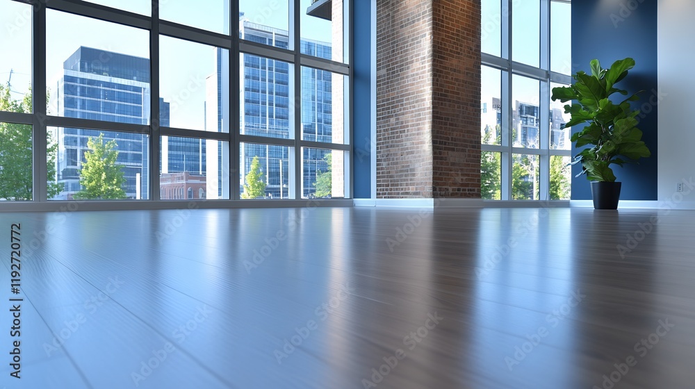 Fototapeta premium Bright sunlight streams through large windows illuminating a spacious modern studio with polished wood floors. AI Generated