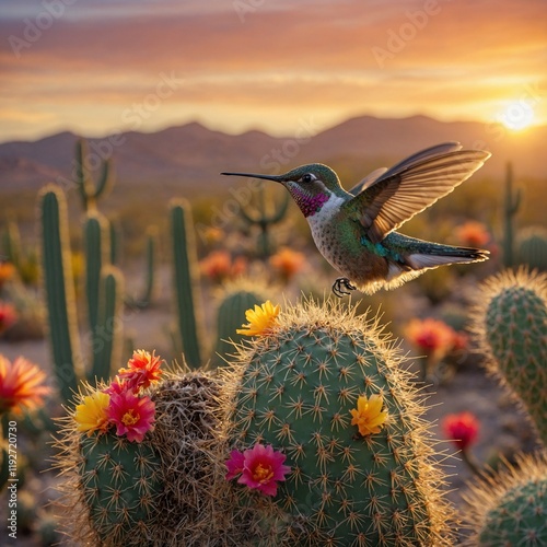 A hummingbird hovering near its tiny nest on a cactus in a desert, with a colorful sunrise.