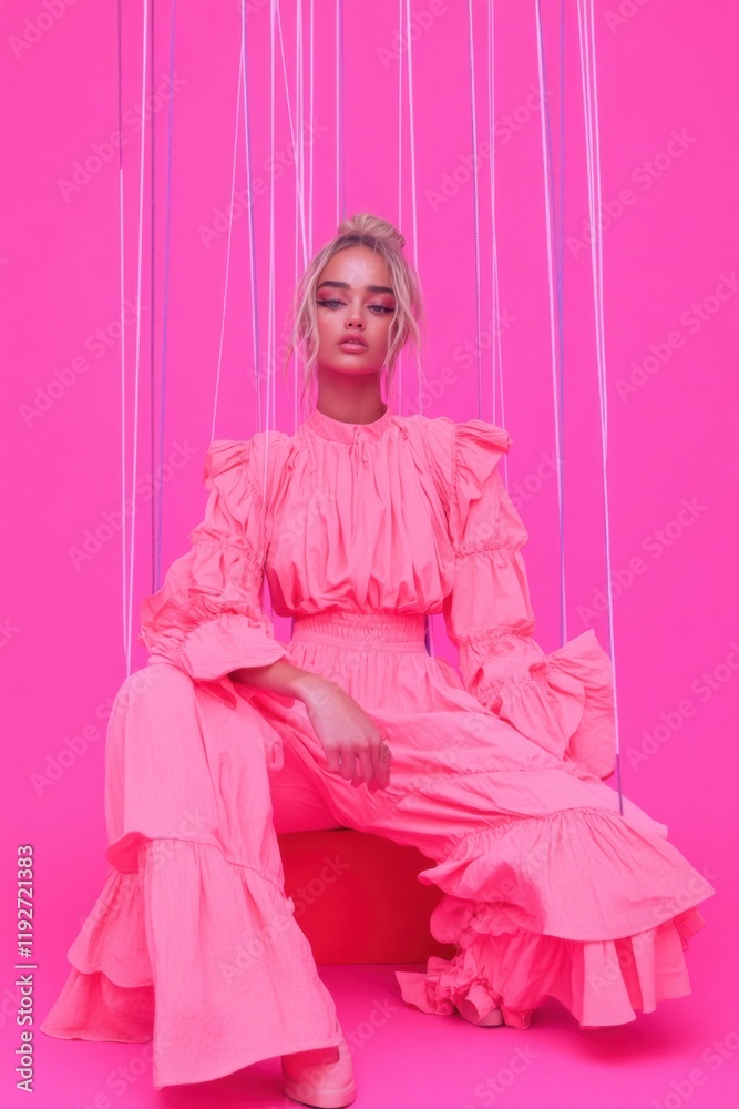 Fashion model posing in pink outfit on pink background Fashion model posing in pink outfit on pink background
