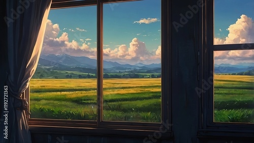 sunset in the window. Window View of Fields and Mountains. Rural Landscape Through Window