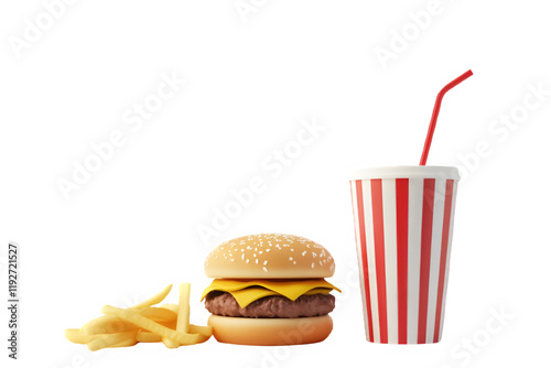 Minimal Background for Fast Food Concept with Food and Beverage on White, 3D Rendering Illustration
