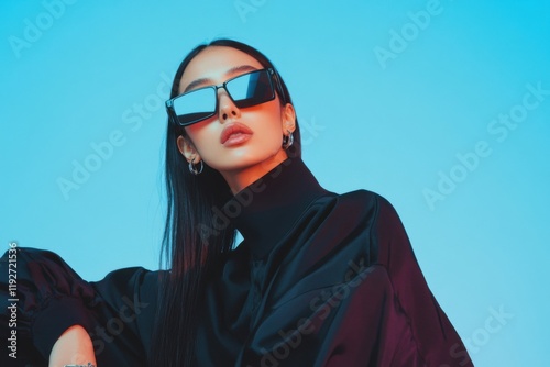 Fashion model wearing sunglasses and black outfit posing on blue background
