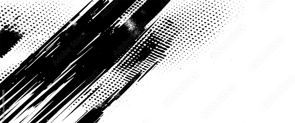 Vector black Ink splatter brush stroke on white halftone dots abstract background