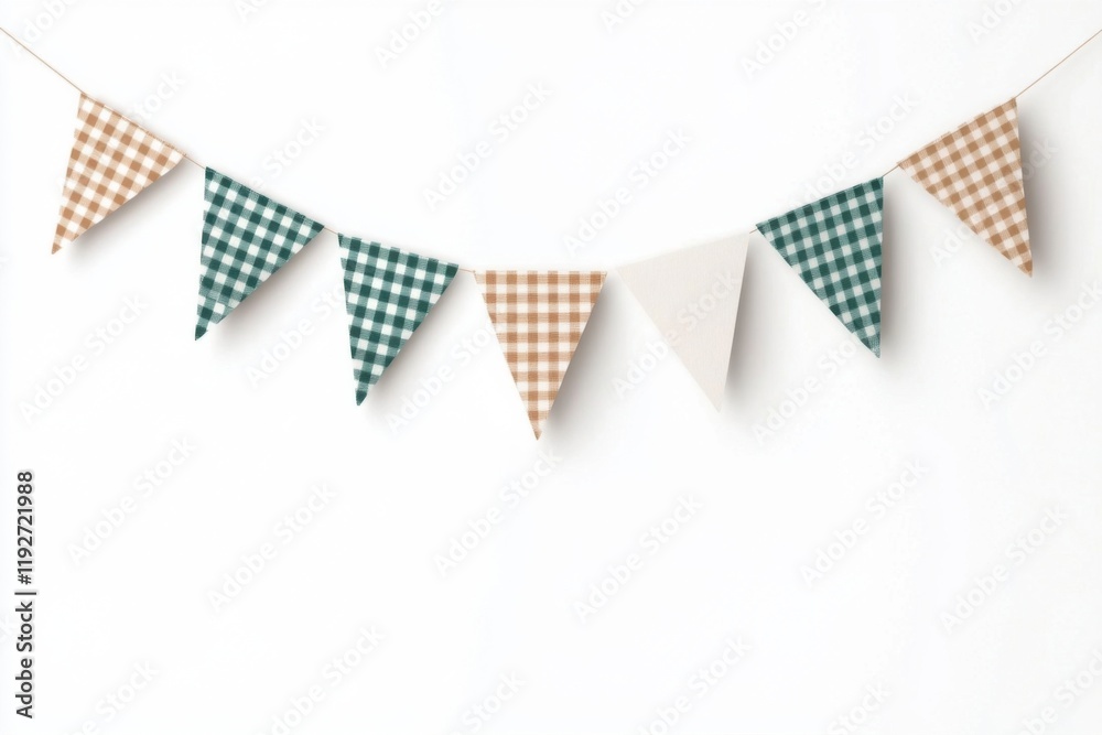 Obraz premium Decorative pennant flags hanging on white background celebrating a festive event