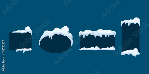 Frames with snow ice cap. Card or poster template. Snowdrifts shapes with icicles. Winter frame decoration. Snowy roof effect. Frost icy heaps. Frozen vector cartoon flat isolated illustration