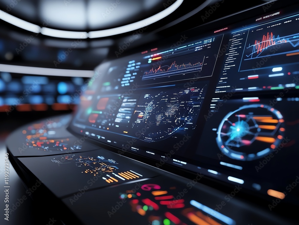 Obraz premium Digital command center, futuristic graphics, immersive interactive panels, 3D illustration