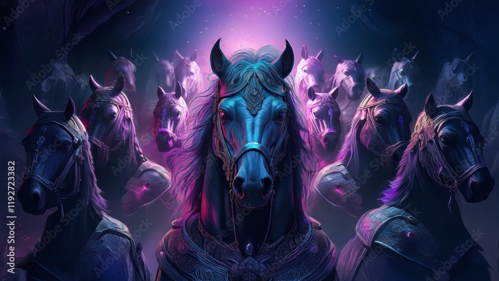 Obraz premium Enigmatic Trojan Horse Surrounded by Ghostly Figures of Hackers