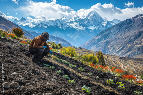 Gardener Sowing Seeds in Alpine Garden photo