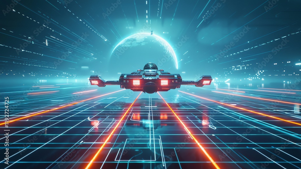 A futuristic spaceship flies over a glowing grid, with a planet in the background. A futuristic spaceship flies over a glowing grid, with a planet in the background.