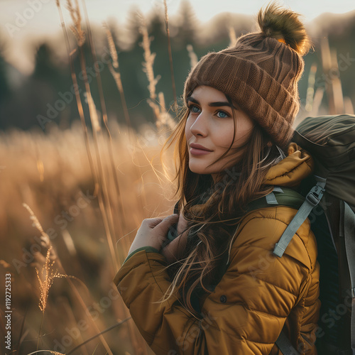 Young woman a hiking trip and going camping in nature