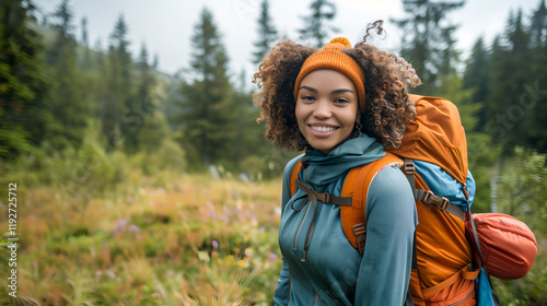 Young woman a hiking trip and going camping in nature