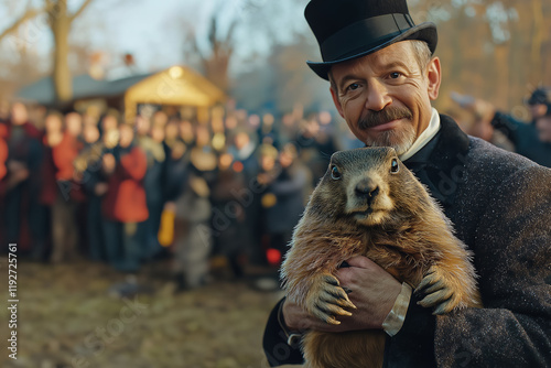 A man in a tailcoat and a black hat holds a sleepy groundhog that was woken up on the traditional holiday Groundhog Day. photo