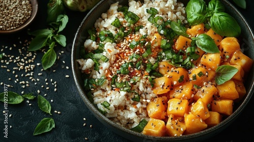 A vibrant and healthy rice bowl with sweet mango, fresh basil, and sesame seeds. The perfect balance of flavors and textures makes this dish a culinar photo