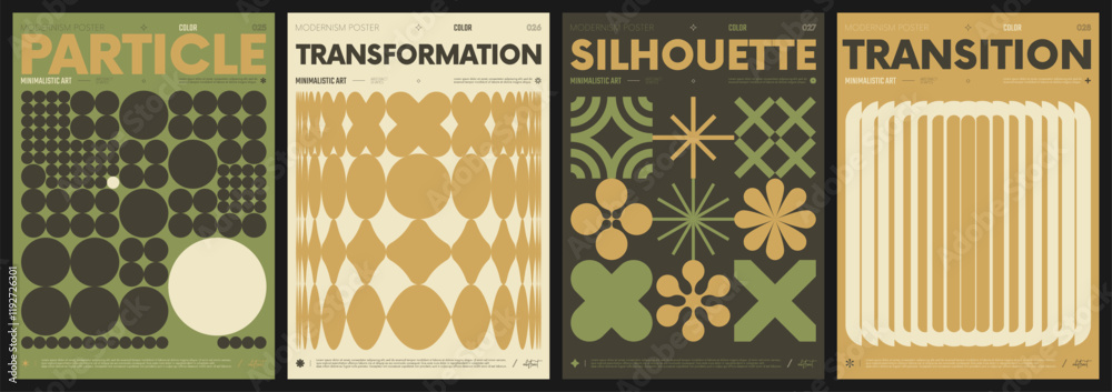 Modern abstract artwork collection, vector minimalistic posters with geometric shapes, brutalism style inspired graphic, bold Y2k futuristic aesthetic, form distortion effect, color set 7