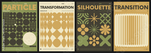 Modern abstract artwork collection, vector minimalistic posters with geometric shapes, brutalism style inspired graphic, bold Y2k futuristic aesthetic, form distortion effect, color set 7