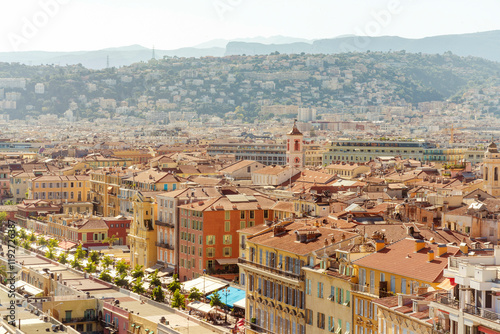 Aerial cityscape panoramic view of Nice city with densely packed buildings and a clear sky in summer, Nice, France photo