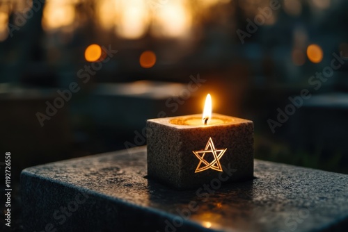 Candlelit star of david on gravestone at dusk in serene cemetery setting photo