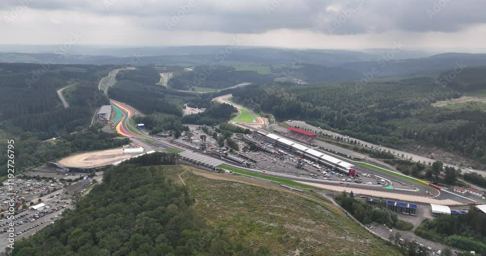 Race track in the Belgian Ardennes, near the village of Spa, motorsports, aerial overview.
