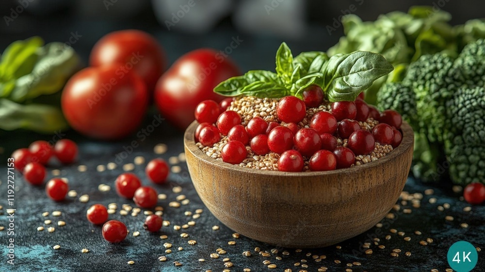 A wooden bowl filled with cranberries and quinoa, surrounded by fresh spinach, broccoli and tomatoes. A healthy and vibrant food photography image. A wooden bowl filled with cranberries and quinoa, surrounded by fresh spinach, broccoli and tomatoes. A healthy and vibrant food photography image.