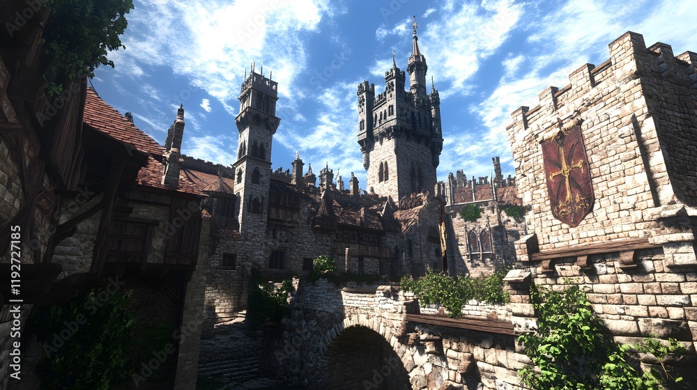 Obraz premium A richly detailed 4k scene of a medieval castle, featuring towering spires and turrets reaching into the sky, with sunlight casting shadows on the fortress’s weathered stone walls