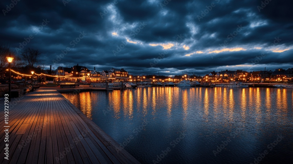 Scenic evening at waterfront harbor with dramatic clouds and lit pathway Scenic evening at waterfront harbor with dramatic clouds and lit pathway