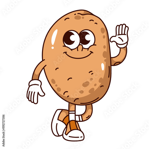 Groovy potato cartoon character walking with hand up to say Hi. Funny retro happy tuber vegetable waving. Food ingredient mascot, cartoon cheerful potato sticker of 70s 80s style vector illustration