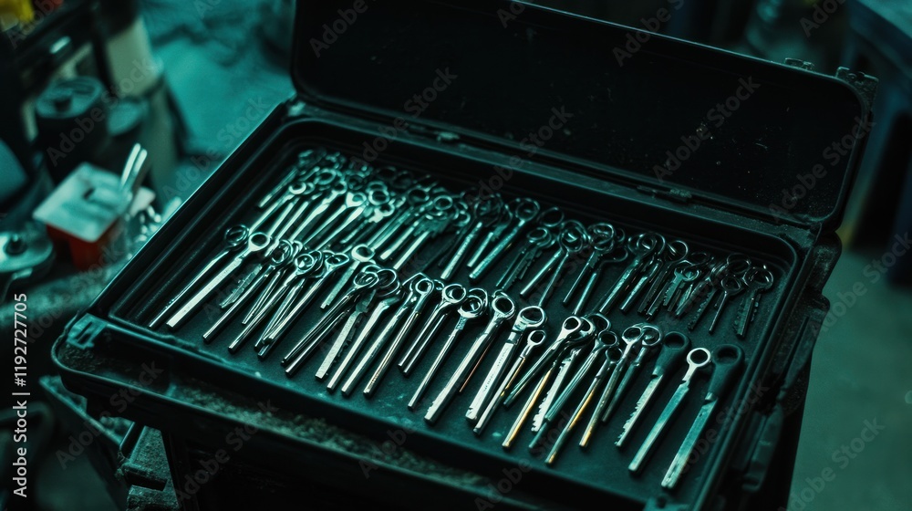 Open toolbox filled with neatly organized wrenches. (1)