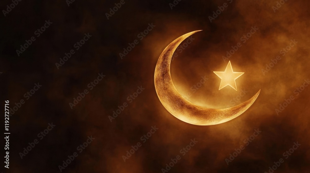 Golden crescent moon and star on black background Golden crescent moon and star on black background