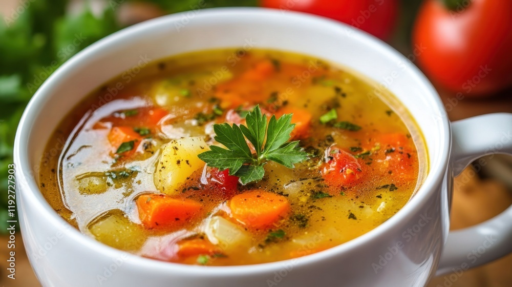 Hearty vegetable soup in white bowl with fresh parsley garnish Hearty vegetable soup in white bowl with fresh parsley garnish