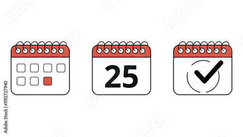 Collection of red calendar icons in different formats for websites and graphic resources, calendar with specific day marked, day 25.