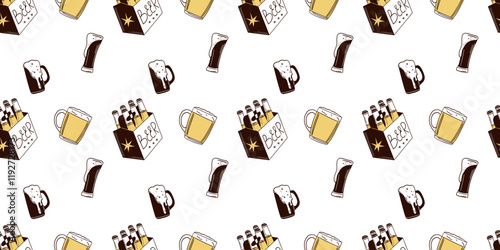 Beer seamless pattern. Bottle, glass and can. Alcohol beverages, ale, lager and ipa, craft brewery. Oktoberfest pub drinks. Decor textile, wrapping, wallpaper. Print for fabric. Vector background