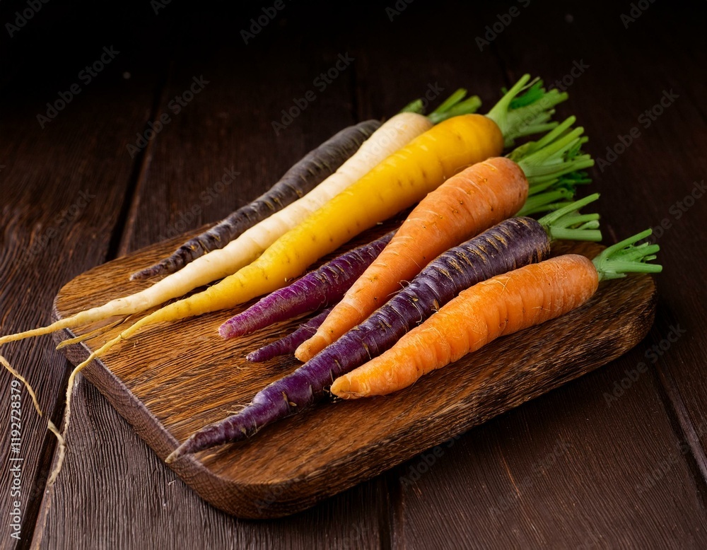 Many fresh orange, yellow,. purple and white carrots on wooden cutting board on table. Generated image Many fresh orange, yellow,. purple and white carrots on wooden cutting board on table. Generated image