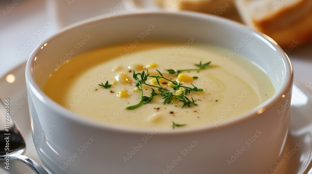 National Split Pea Soup Week Creamy corn soup garnished with fresh herbs in white ceramic bowl National Split Pea Soup Week Creamy corn soup garnished with fresh herbs in white ceramic bowl