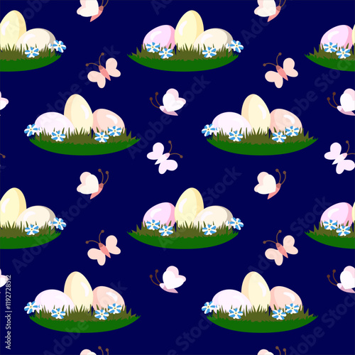 Vector - Easter eggs with butterfly insect seamless pattern.