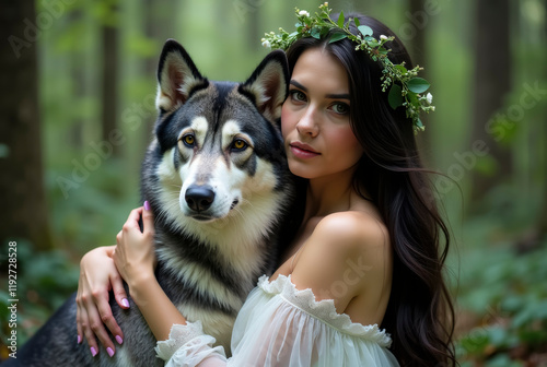 Portrait of a Woman with a Husky Dog in a Forest