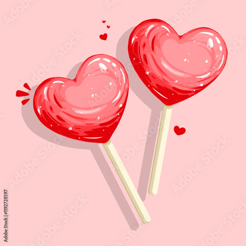 Heart lollipops, candies on sticks with symbol of love on pink background, suitable for decoration and background of valentine's day