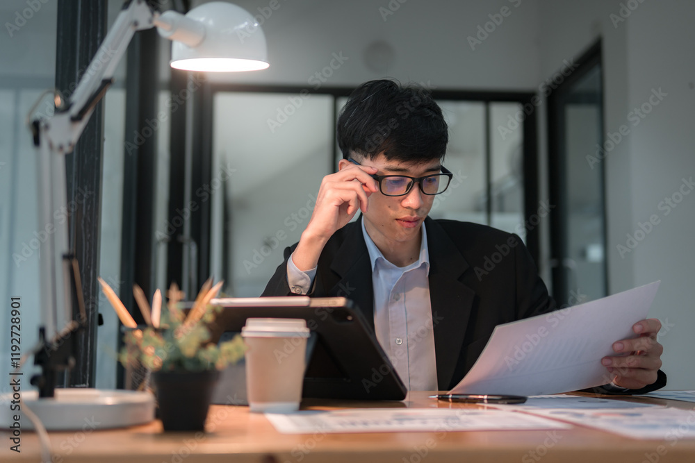 Professional analyzing reports in a modern urban workspace productivity tips for a calm environment Professional analyzing reports in a modern urban workspace productivity tips for a calm environment